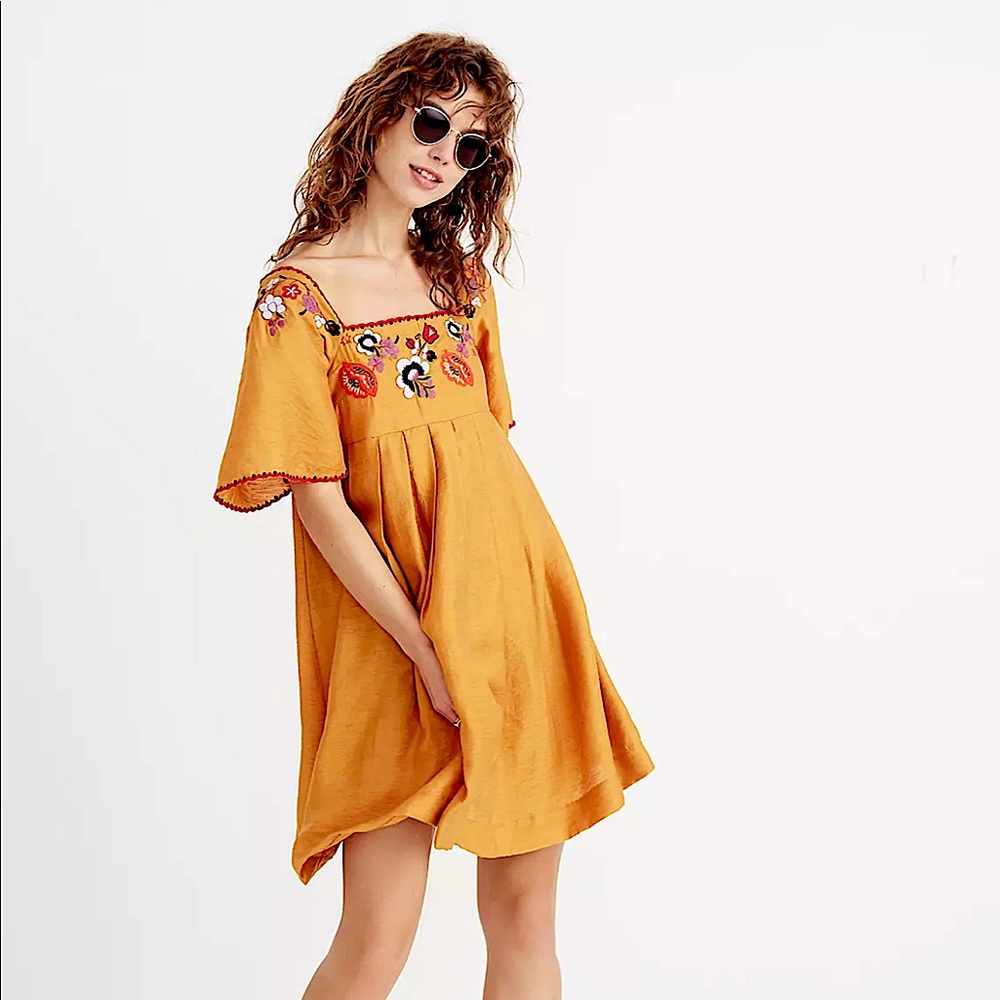 Madewell Mustard Yellow Embroidered Mini Dress